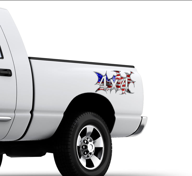 4x4 american flag graphic decal on white pickup truck